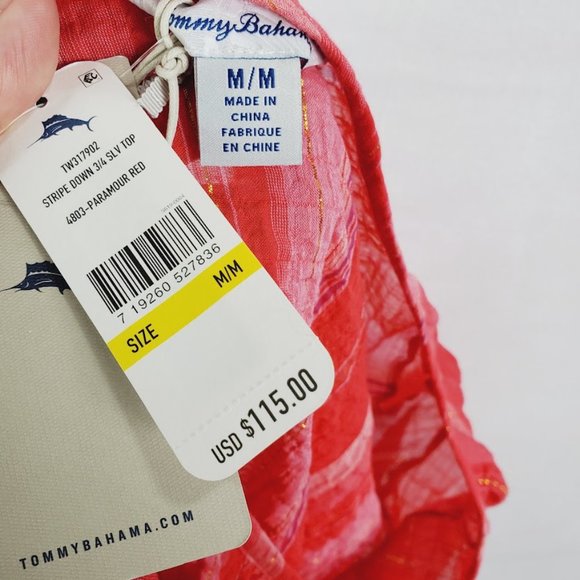 Tommy Bahama Striped Crinkle Top Medium NWT Paramour Red w Gold 3/4 Sleeve - Picture 6 of 6